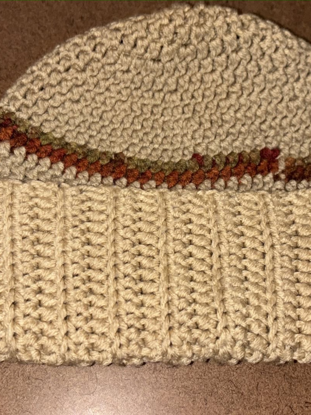 Handcrafted Cream Knit Beanie with Autumn Stripe